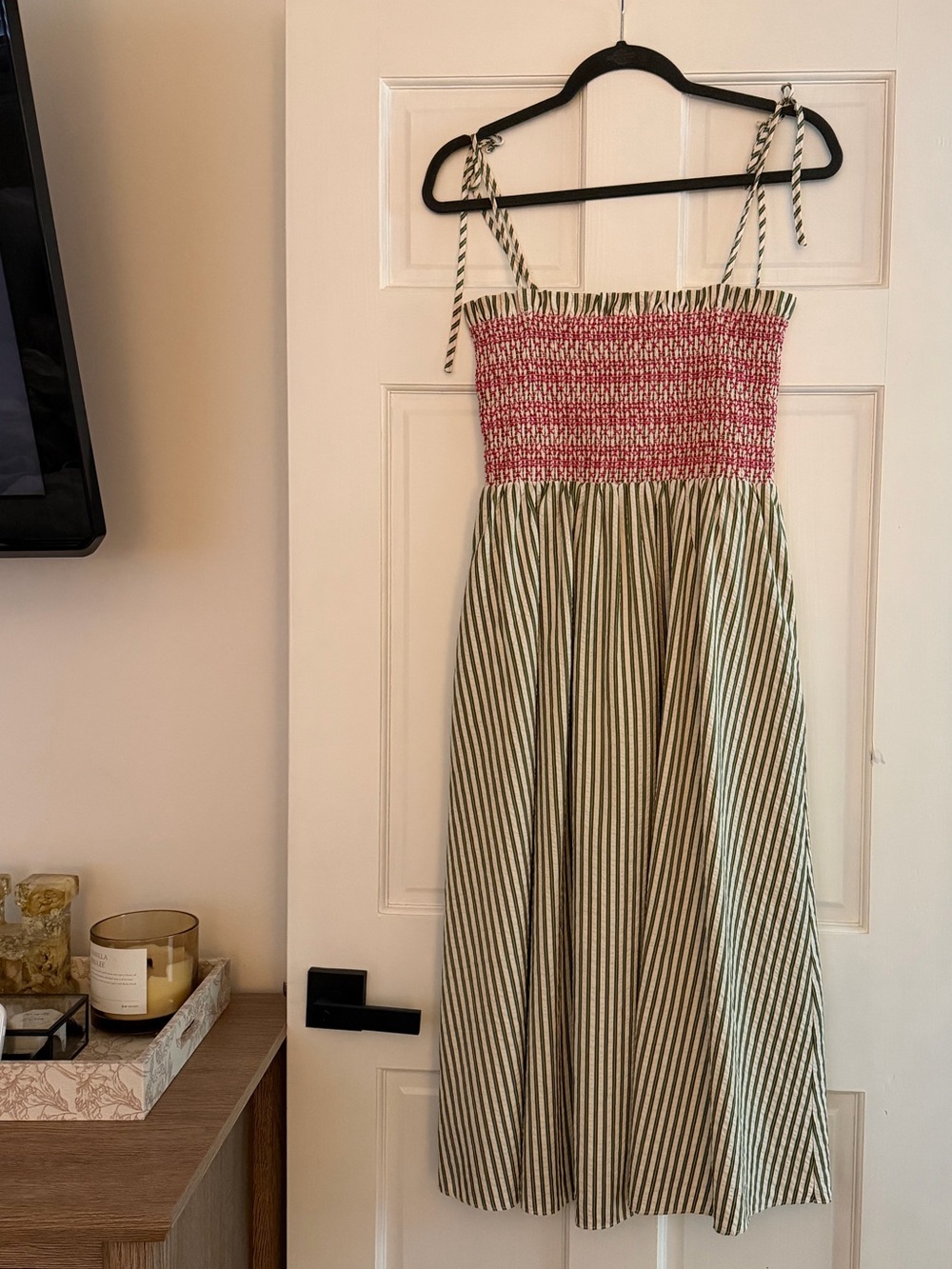THML Pink Smocked Bodice Green Striped Midi Dress